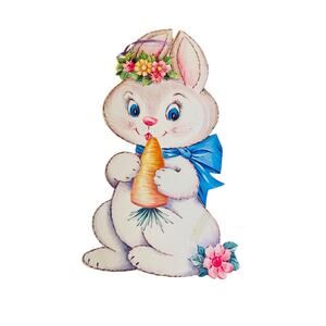 Vintage Easter White Bunny Rabbit with Carrot Diecut 16"